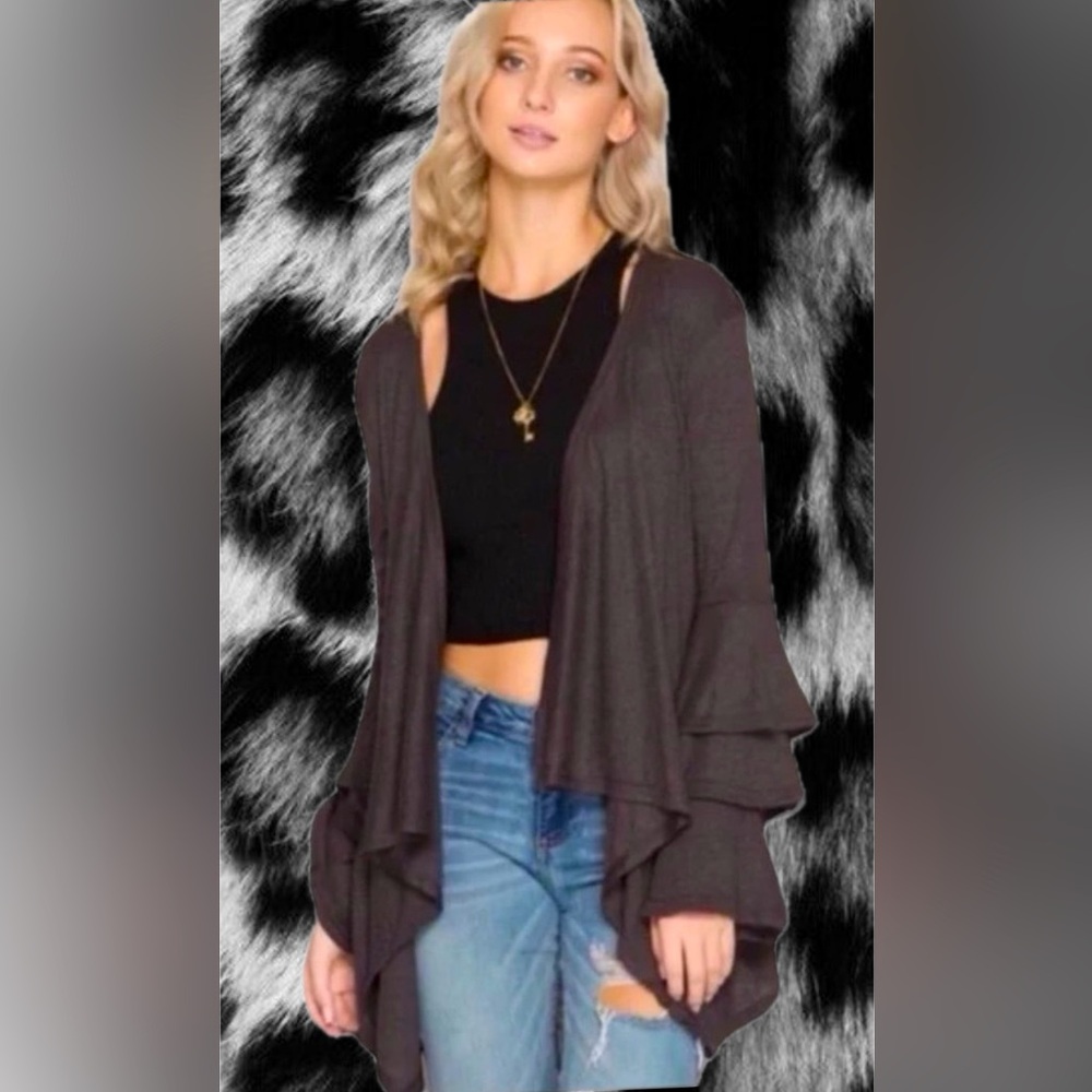 Everly Lightweight Grey Open Cardigan with Ruffle Sleeved Detail